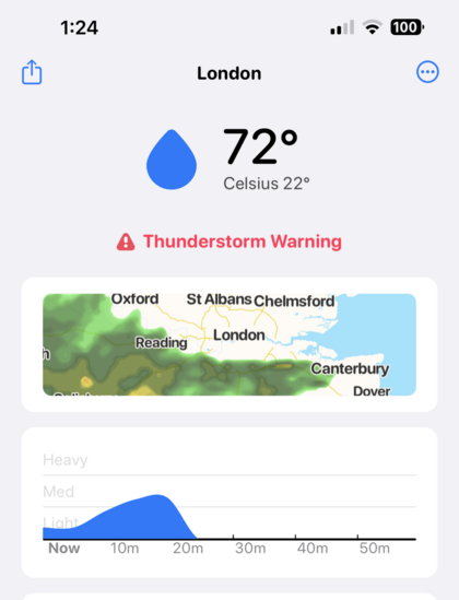 Weather screenshot. London showing thunderstorms.