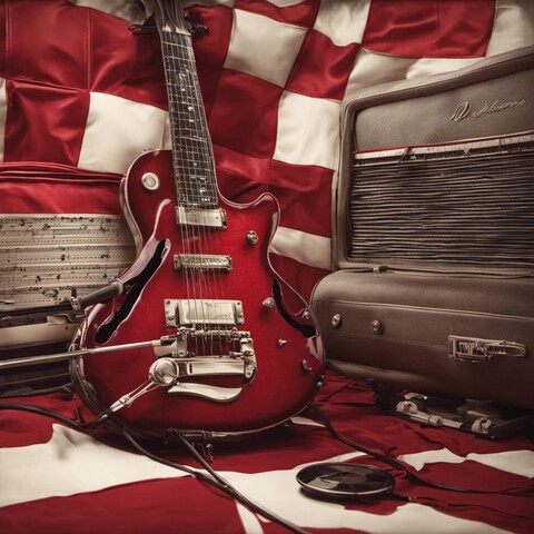 50s music art: electric guitar, speakers, red and white checked room