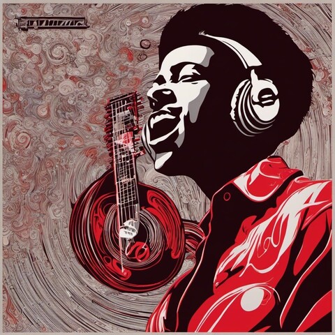 60s music art: cartoon, black man, right side, headphones, red shirt, singing, in fronts of grey and red swirling, psychedelic background