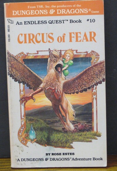 The cover of Circus of Fear. It depicts a blonde girl in a green dress riding on the back of a flying griffon.