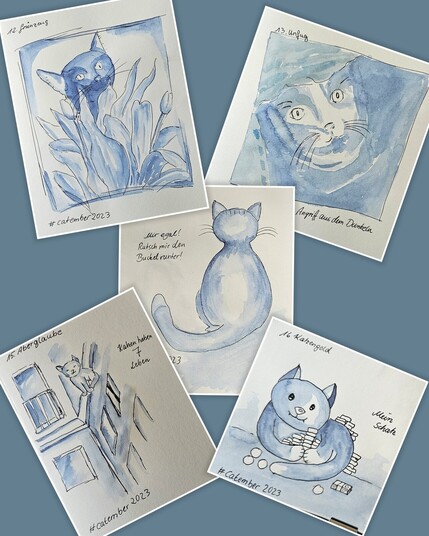 Kollage: 5 Bilder mit skizzierten Katzen, gemalt in Aquarelltechnik
