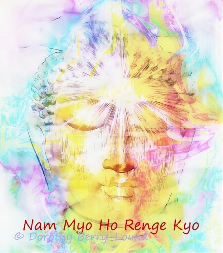 An image of a Buddha head in pastel colours with the mantra Nam Myo Ho Renge Kyo in red across the bottom.