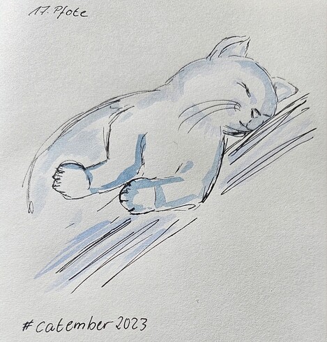 Aquarell: schnelle Skizze einer schlafenden Katze mit elegant gehaltenen Pfötchen