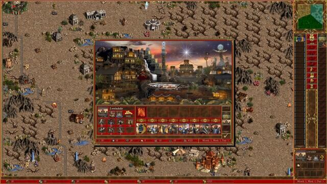 In the background a bird's eye view of a landscape map with monuments, ancient buildings and what appear to be monsters, in the foreground and to the right the command interface and in the center the fantasy units and the counting of available resources.

Heroes of Might and Magic III (Heroes of Might and Magic III: The Restoration of Erathia, Heroes III, HoMM3) is the 3rd installment of a series of medieval fantasy turn-based strategy games released in 1999, in which the player leads a number of heroes commanding their legion of creatures in a crusade to help Queen Catherine Ironfist reclaim her lands conquered by hordes of undead led by Gryphonheart, her late father, former King of Erathia, who was murdered by traitors and resurrected as the undead. VCMI is a libre, multi-platform, compatible and improved engine (high resolution support, advanced and easy mod support, random map generator, zoom, ...).