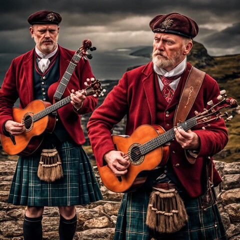 Scottish music art. Two men with grey beards, red caps, red jackets and green kilts with sporrans, playing guitars on a Scottish hill, with a coastline in the background, on a dull, dark cloudy day