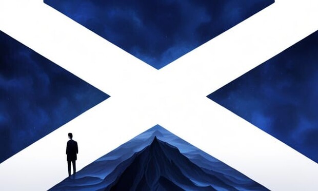 Saltire art: Blue areas are cloudy, bottom blue area has blue hills, with blue figure standing and visible on top of lower white cross, lower left