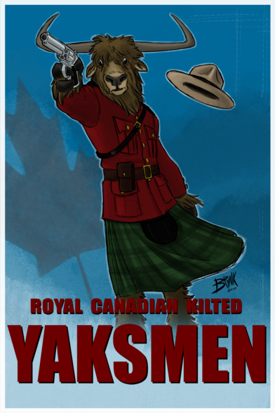 Y is for Yak.  (2010)

Title: Royal Canadian Kilted Yaksmen.  
An anthro yak in a Mountie jacket and a kilt, training his gun at something offscreen as his mountie hat blows off in the wind.
(A nod to the Ren & Stimpy episode of the same name.)
