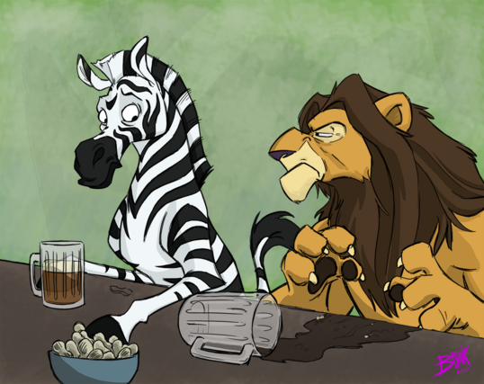 Z is for Zebra.  (2010)

A zebra sitting at a bar, looking down at a mug of beer he has spilled while reaching for a hoof-full of peanuts. His expression is worried. The lion sitting next to him, whose beer is now running down the bar and presumably onto his crotch, gives an angry, narrow-eyed glare toward the zebra.