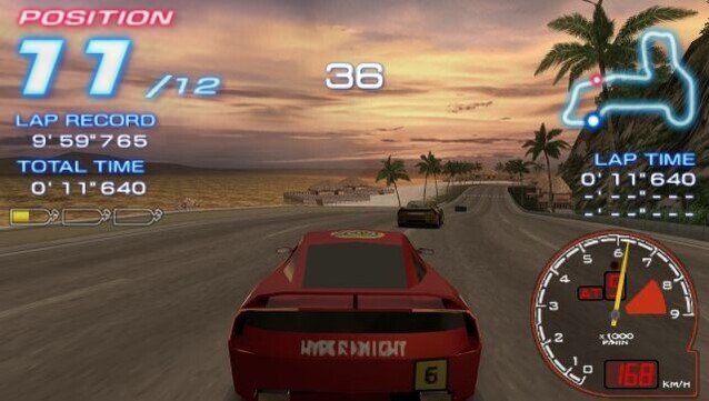 A high resolution (textures replaced?) behind view of a race car on a track along the sea, in the car racing game Ridge Racer II.

PPSSPP is a libre, multi-platform Portable SONY PlayStation (aka PSP) game console emulator, translating PSP CPU instructions directly into optimized X86, x64 or ARM machine code, allowing it to run games in full HD, even on low-powered hardware such as mobile phones or tablets. It supports touchscreens, joystick, and keyboard, save/restore state at any time, anisotropic filtering and texture scaling. Moreover, it does not require any additional BIOS to run (HLE BIOS).