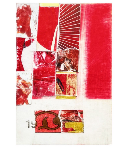 Abstract mixed media collage in red and gold.