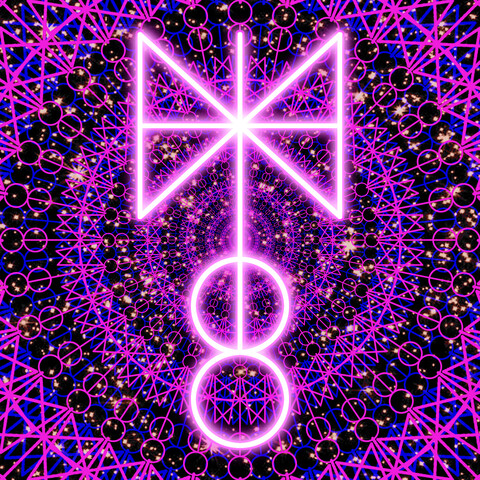 A glowing white sigil floats before a background of the same sigil repeated in concentric circles and a vivid starscape.  The sigil is a bowtie shape at its top with a vertical line connecting it to two circle shapes at the bottom.  The circle shapes are stacked on top of the other.  The vertical center line bisects the top circle.

The sigil's glowing halo is a vivid pink color.  The repeating concentric circles are the same pink and a royal blue.  The stars in the background have a slightly yellow orange cast to them.
