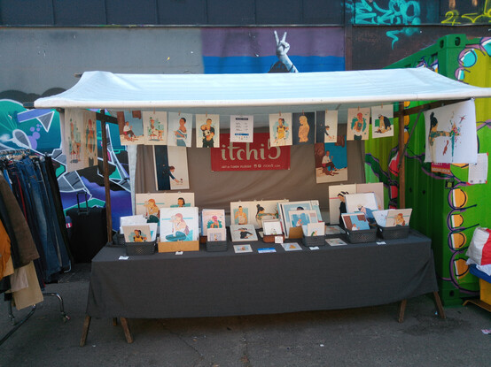 market stall with illustrations