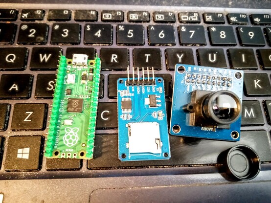 Picture of raspberry Pi Pico, SD card module and camera module