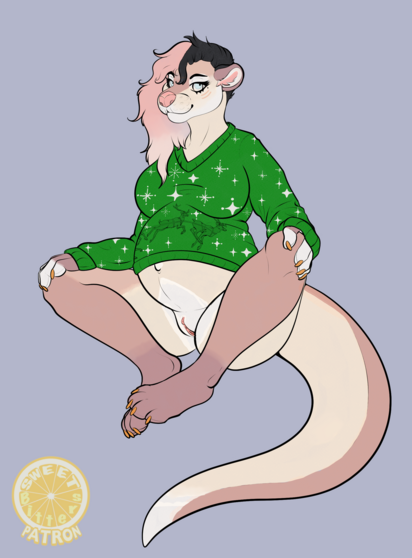 Colour variant (green)
A pregnant anthropomorphic Otter sitting down, wearing a sweater, nude from the waist down, her vulva exposed. The sweater is christmas themes, with stars, sparkles and reindeers on it. The sweater is green. The otter has two toned hair: the lengths being pink (fading in to white at the tips) and the short hair being black. The Otter has blue eyes and gold nails.