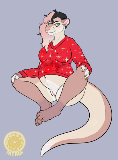 Colour variant (red)
A pregnant anthropomorphic Otter sitting down, wearing a sweater, nude from the waist down, her vulva exposed. The sweater is christmas themes, with stars, sparkles and reindeers on it. The sweater is red. The otter has two toned hair: the lengths being pink (fading in to white at the tips) and the short hair being black. The Otter has blue eyes and gold nails.