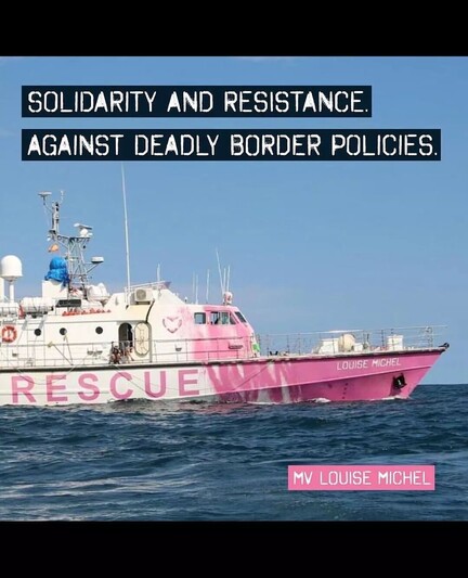 A photo of a large pink and white ship with â€œRescueâ€� written down the side in the open ocean. â€œSolidarity and resistance against deadly border policiesâ€� is written on the graphic.
