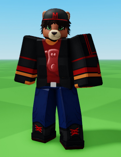 A Roblox avatar of Miles in his default clothing, consisting of a black cap with a red brim, a black jacket with red highlights, a red shirt with a Gromit mug design, blue jeans and black boots with red lacing and treads.