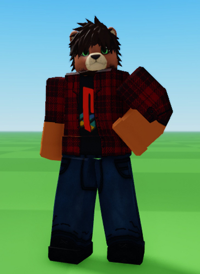Miles (roblox avatar) in a flannel jacket, black PlayStation shirt, and dark blue jeans and black shoes.