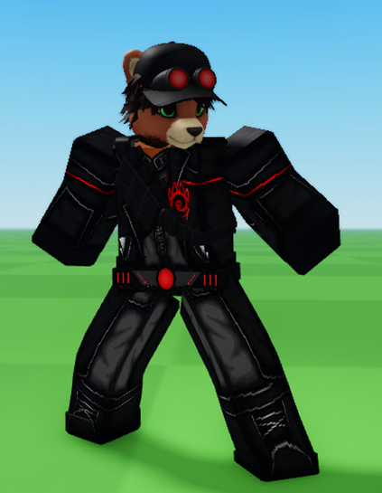 Miles (roblox avatar) in a hi-tech assassin outfit, consisting of a black hat with red goggles, a black armoured overcoat, grey jumpsuit, black boots, a red utility belt and a badge of his symbol.