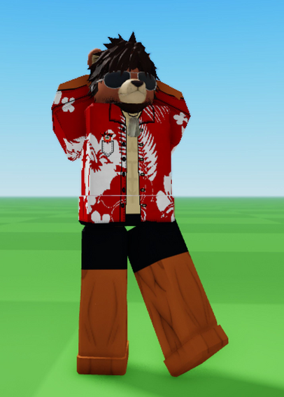 Miles (roblox avatar) in a tropical beach outfit, consisting of a red/white open hawaiian shirt, dog tags, aviators and black swim trunks. A tiny Crash Bandicoot rests within a shirt pocket.