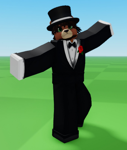 Miles (roblox avatar) in a black tophat and black tuxedo, with a white shirt, black bowtie, and white gloves.