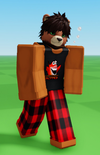 Miles (roblox avatar) in a set of pajamas, wearing a tanktop with Crash Bandicoot's face on the front, and flannel lounge pants.
