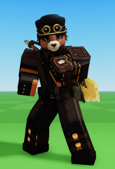 Miles (roblox avatar) in a steampunk-inspired outfit. consisting of a captain's hat with golden goggles, a mostly-brown suit with gold trimming and leather padding, fingerless gloves with one being equipped with a built-in clock, utility pouches, brown boots with yellow straps, and a steampunk sword equipped on his back.