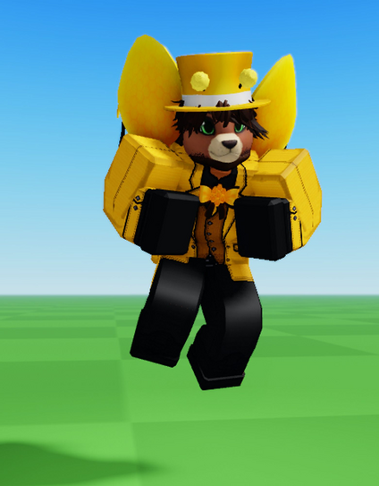 Miles (roblox avatar) in a bee-themed suit, consisting of a yellow tophat with bee antennae, a yellow suit with a dark yellow undershirt, a honeycomb bowtie, black gloves, pants and shoes, and golden honey-coated bee wings.