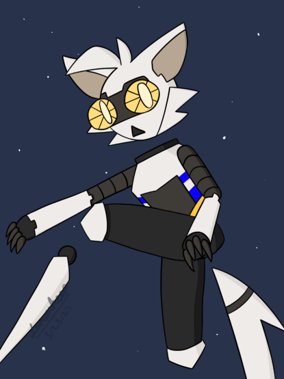 This is a digital artwork of Oberorka's robot character. They are floating in space, with faraway stars all around them, and they are designed like an animal from Earth, with large batlike wings, floofy cheeks, and a pointed long tail. They are also mostly silver with spotlights for a pair of eyes, a steel vest with a window, extendable arms, and floating legs.
