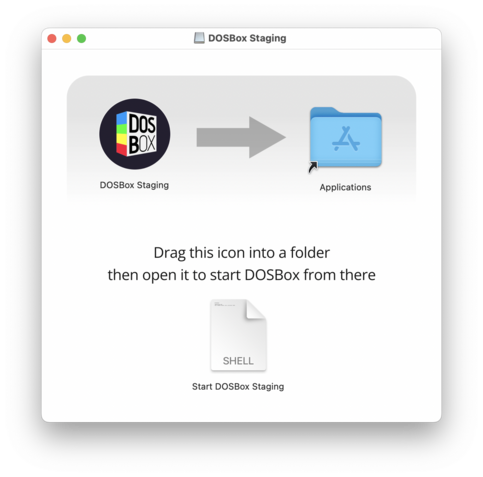 Screenshot of the DOSBox Staging DMG installation window on macOS.