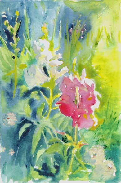 Two flowers in afield of bright sunlit grass. One of the flowers is white and has a high albedo (reflectivity) the other flower is darker but has a highly saturated chromatic tint of pink, like lipstick. Watercolor on paper.