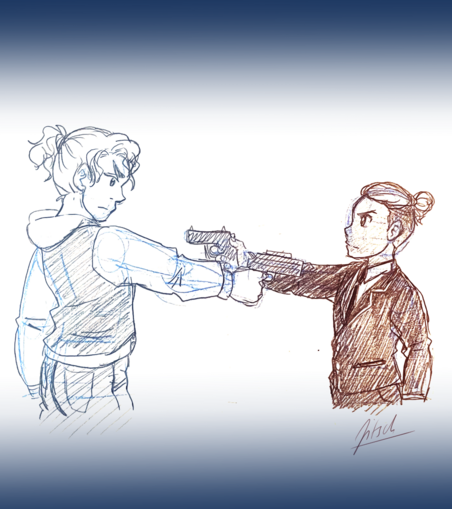 Sketch of two men who point guns at each other. The one on the left is a bit taller and has wavy hair that’s tied into a ponytail. He wears a casual jacket with a hood and jeans. The other one is smaller and has a more child-like face. He has an undercut and his top hair is neatly tied into a bun. He wears a dark suit and a necktie.