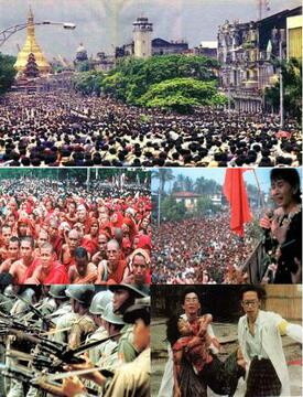 1st row: Protesters gathering at Sule Pagoda in central Rangoon.
2nd row: Protesters rallying in Mandalay; Aung San Suu Kyi addresses half a million protesters in central Rangoon.
3rd row: Soldiers preparing to open fire on protesters; Dr Saw Lwin and Dr Win Zaw carrying a critically wounded school girl (Win Maw Oo)
By Burmese American Democratic Alliance. The Irrawaddy, York Vision, Fair use, https://en.wikipedia.org/w/index.php?curid=33820792