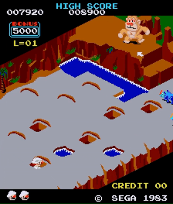 A gameplay gif from "Congo Bongo", which has an isometric perspective. Player one (a man dressed as an explorer) jumps over small blue rhinoceroses across a flat canyon.