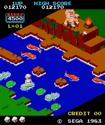 A gameplay gif from "Congo Bongo", which has an isometric perspective. Player one (a man dressed as an explorer)  jumps across a series a floating, moving platforms in order to cross a river.