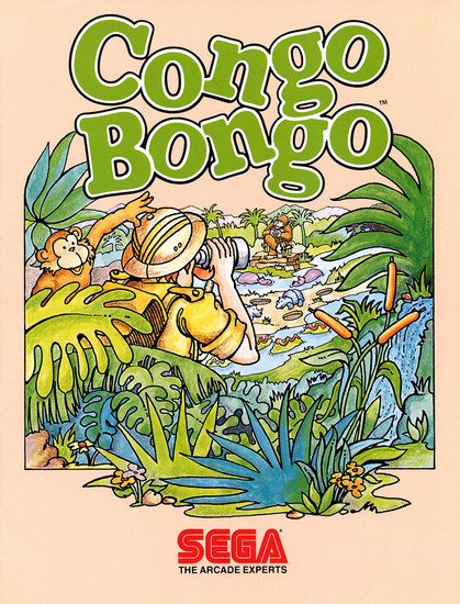 Front of Congo Bongo arcade flyer. An illustration depicts an explorer looking across a jungle landscape, under the words "Congo Bongo" in bright green letters.