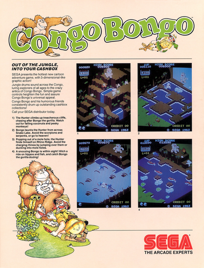 Back of Congo Bongo arcade flyer. A brief description of the game is provided, along with screenshots of the game's four stages.