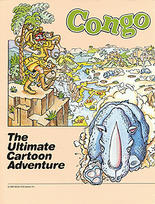 Page 1 of the inside of Congo Bongo arcade flyer. A two-page panoramic illustration depicts a vast jungle landscape. A rhino is seen charing directly into the page, next to the words "The Ultimate Cartoon Adventure". The text "Congo Bongo" is illustrated at the top in green letters. A photo of the arcade cabinet is in the bottom right corner.