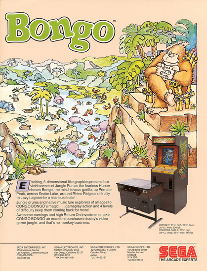 Page 2 of the inside of Congo Bongo arcade flyer. A two-page panoramic illustration depicts a vast jungle landscape. A rhino is seen charing directly into the page, next to the words "The Ultimate Cartoon Adventure". The text "Congo Bongo" is illustrated at the top in green letters. A photo of the arcade cabinet is in the bottom right corner.
