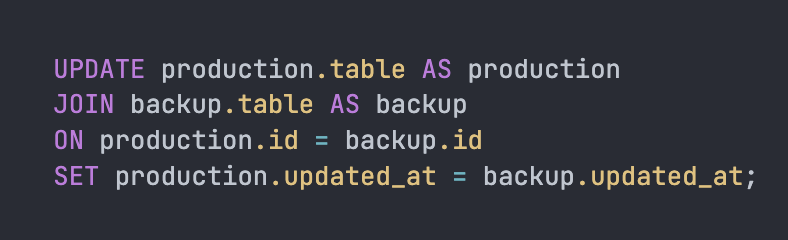 A SQL clause where the `updated_at` field is being restored from backup.