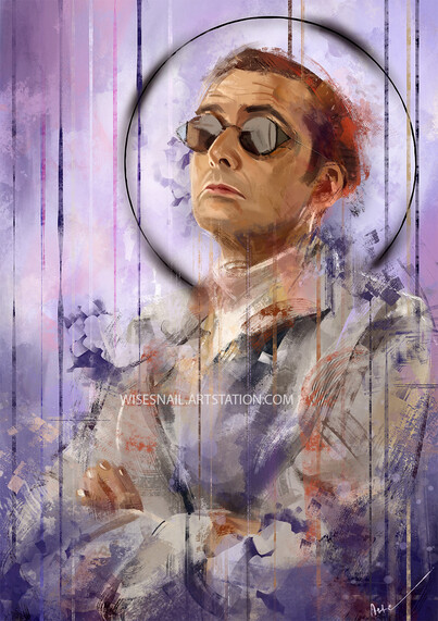 Portrait of David Tennant as Crowley. His arms are crossed and he's wearing sunglesses, looking unimpressed. The painting is rendered in rough strokes, with purple being the prominent colour.