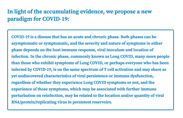 In light of the accumulating evidence, we propose a new paradigm for COVID-19:

    COVID-19 is a disease that has an acute and chronic phase. Both phases can be asymptomatic or symptomatic, and the severity and nature of symptoms in either phase depends on the host immune response, viral inoculum and location of infection. In the chronic phase, commonly known as Long COVID, many more people than those who exhibit symptoms of Long COVID, or perhaps everyone who has been infected by COVID-19, is on the same spectrum of T cell activation and may share as yet undiscovered characteristics of viral persistence or immune dysfunction, regardless of whether they experience Long COVID symptoms or not, and the experience of those symptoms, which may be associated with further immune perturbation on reinfection, may be related to the location and/or quantity of viral RNA/protein/replicating virus in persistent reservoirs.