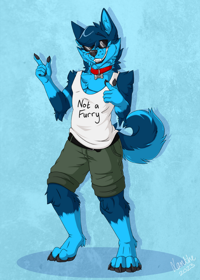 An anthropomorphic blue husky grinning & giving finger guns. He's wearing shades, cargos & a vest that says "Not a Furry".