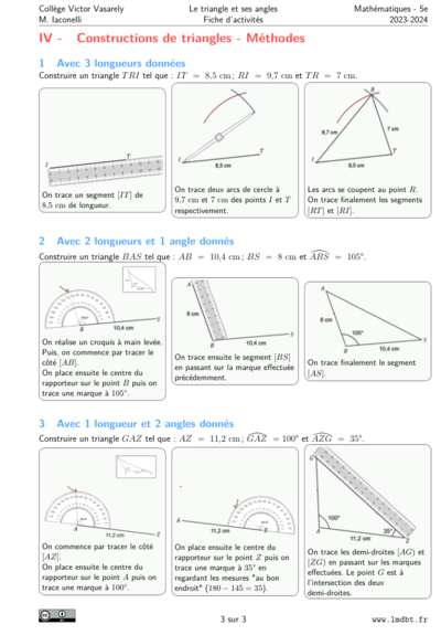Dernière page de la fiche leçon qui montre 3 méthodes pour tracer un triangle.