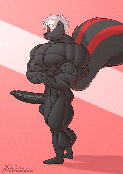 Furry art of my character Carter flexing. Carter is a very tall and muscular skunk with red highlights. He is looking off to the left and doing a classic bodybuilder pose to show off his chest. He is nude to show off his large erection as well. He is smiling confidently because he loves showing off.