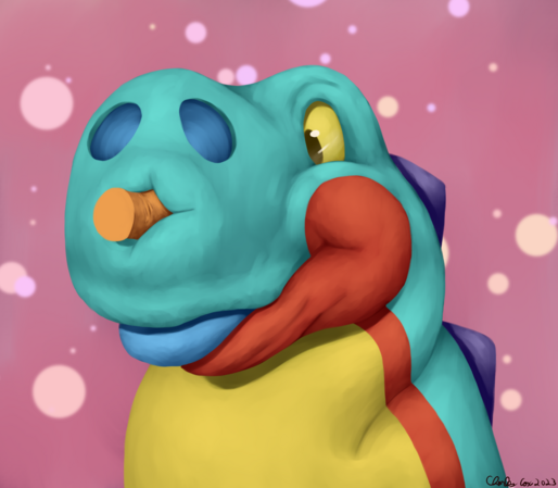 Portrait of a chubby blue, red, and yellow yoshi slightly facing forwards and to the left.  A tan hand is squished into the front of their snoot booping the yoshi.  The yoshi is doing a happy little blep in response.