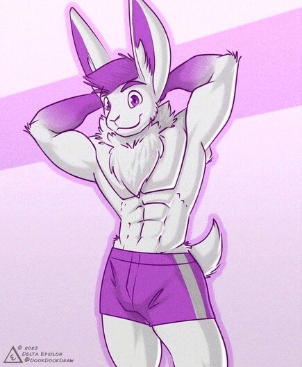 Furry art of my character Zeno posing. He is an anthropomorphic male rabbit with white and purple fur. He is standing shirtless with his hands behind his head and smiling at the viewer.