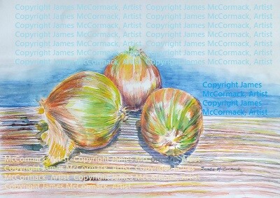 'Three Onions' coloured pencil drawing of three onions on a wooden tabletop by James McCormack, Artist.