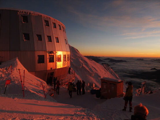 Sunset at the new Refuge du Goûter at 3835m elevation.