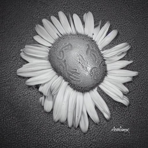 black and white: a daisy with what may be a human brain laying atop